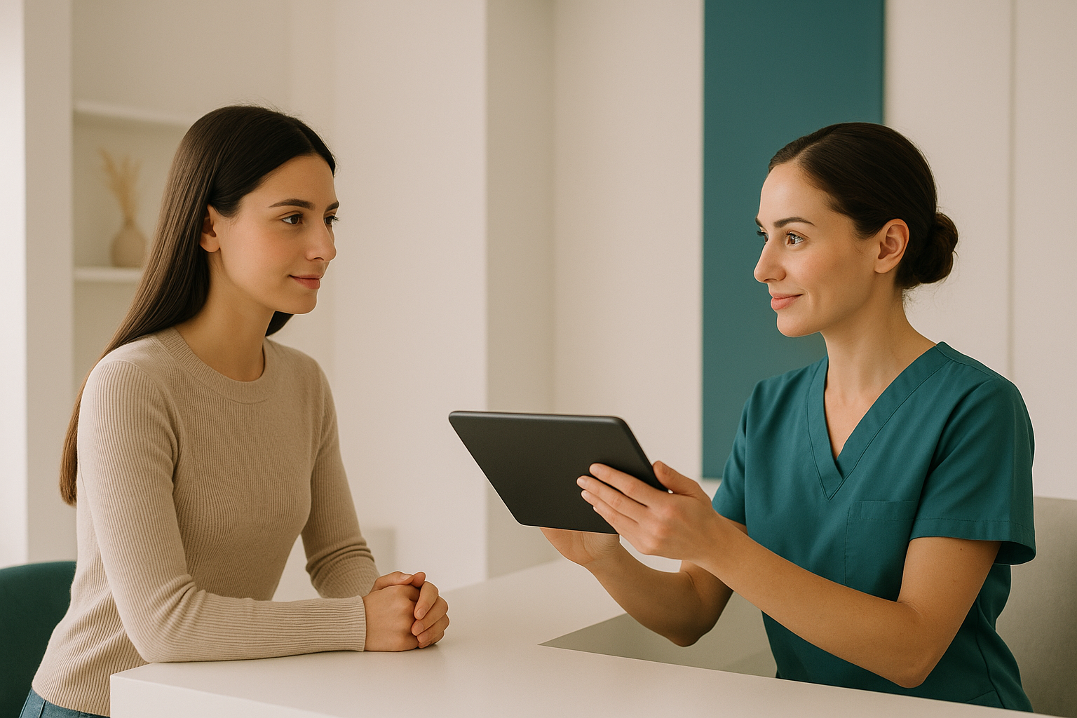 Recepción de una clínica estética en España dando la bienvenida a una primera visita con check-in en tablet en un ambiente minimalista y premium